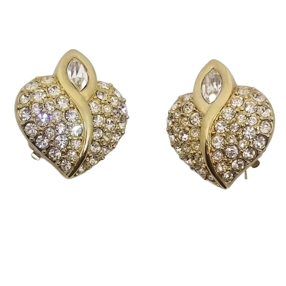 SWAROVSKI VINTAGE 1990s GOLDTONE & PAVE HEART DESIGN CLIP ON EARRINGS